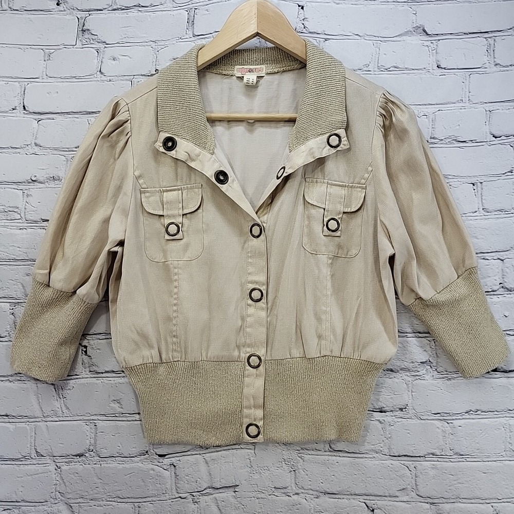 Y2K Sugar Tart Shacket Top Juniors XL Short Sleeve Cropped Bomber Snap-Up VTG